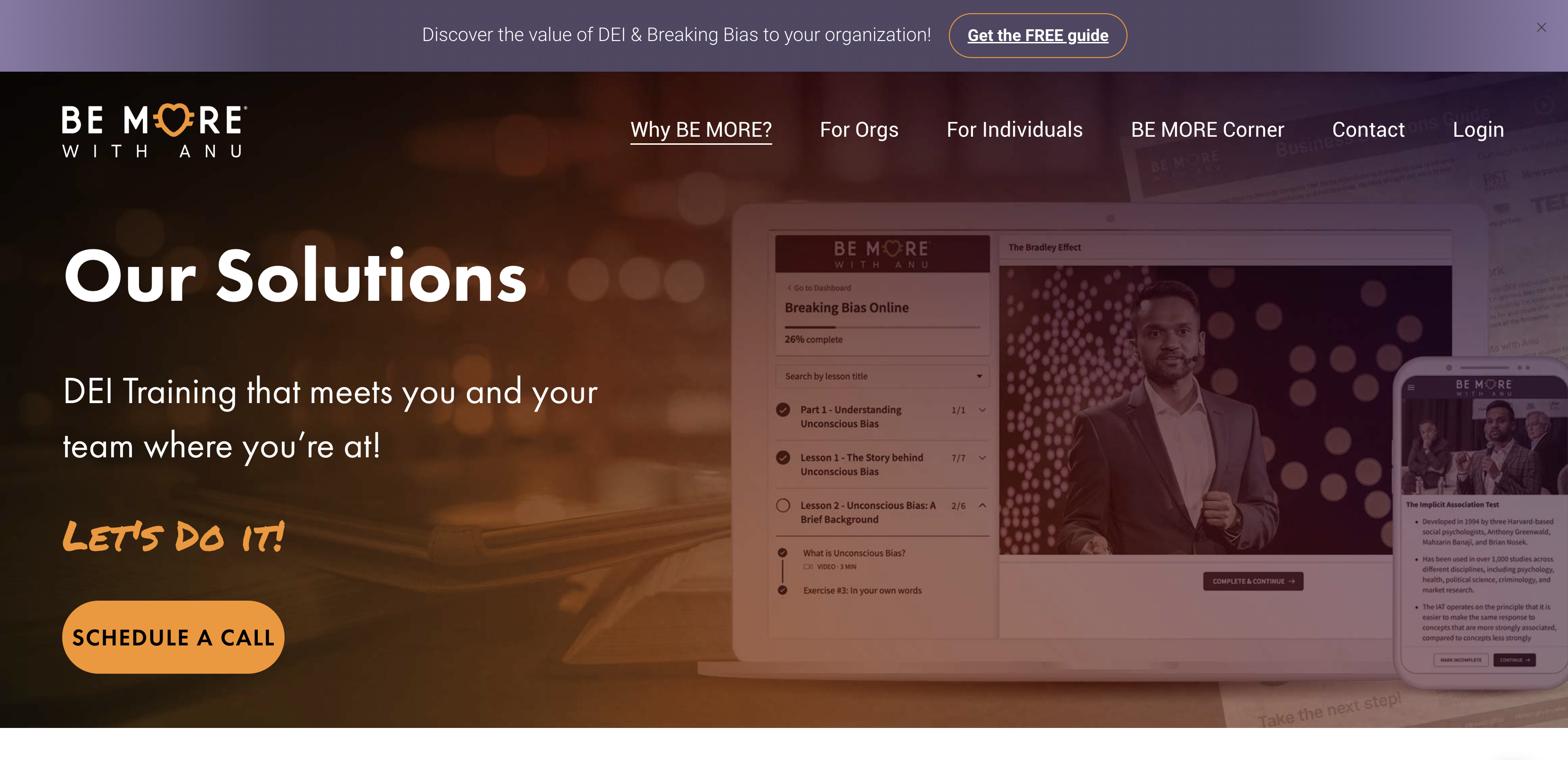 A website homepage for Be More with Anu offers DEI training solutions. The page features a “Schedule a Call” button, navigation menu, and an image of a person on a tablet screen.
